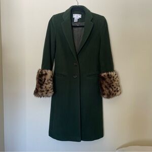 NWOT Helene Berman Dark Green Tailored Wool Coat w/ Leopard Faux Fur Cuffs